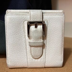 Authentic Loewe White Pebbled Leather Buckle Wallet Square Compact Designer